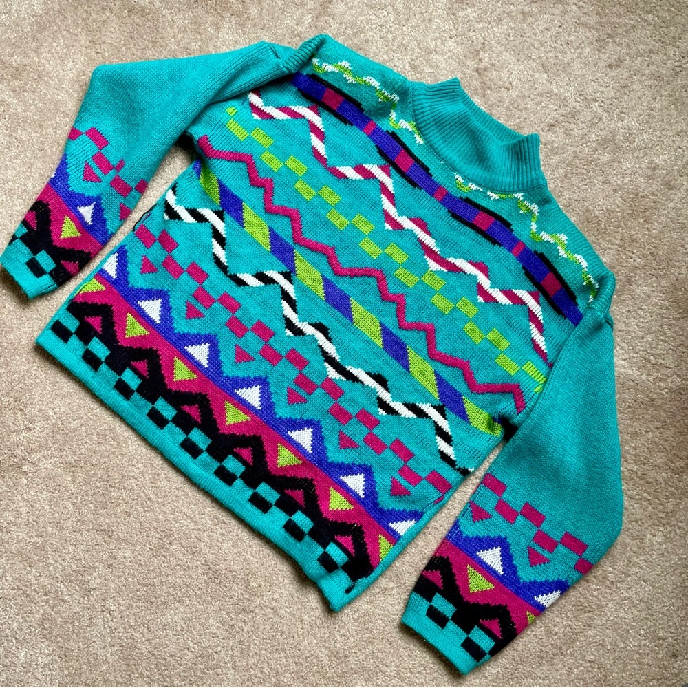 VINTAGE | 80s 90s | Gitano | Womens Mockneck Geometric Sweater | M